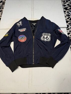 Girls' Navy Patch Bomber Jacket with Route 66 Detail